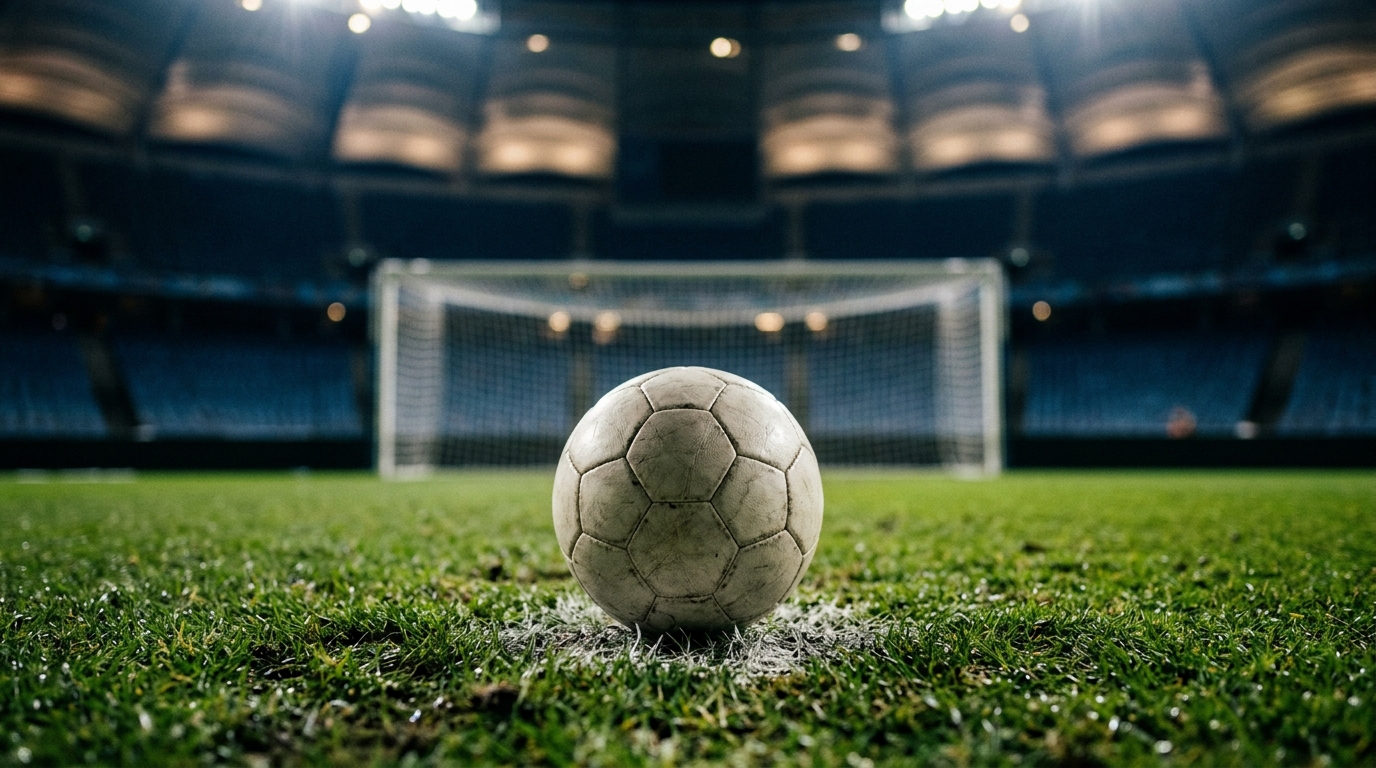 Football on the penalty spot under floodlights in an empty stadium