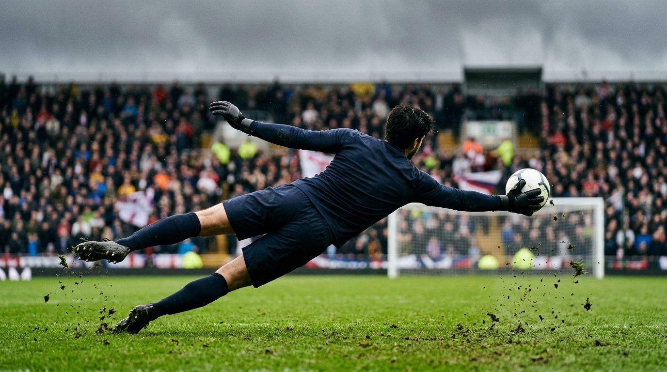 Goalkeeper diving low to save a shot during a Premier League match