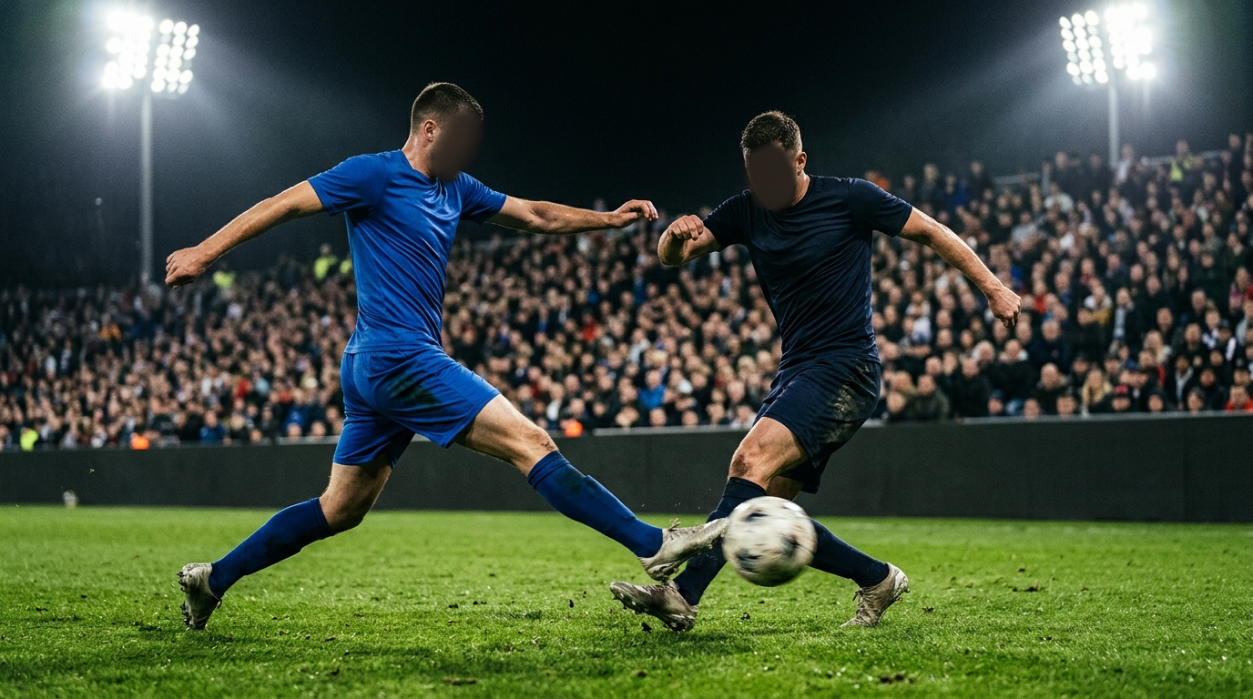 Two footballers contesting the ball in midfield under stadium floodlights