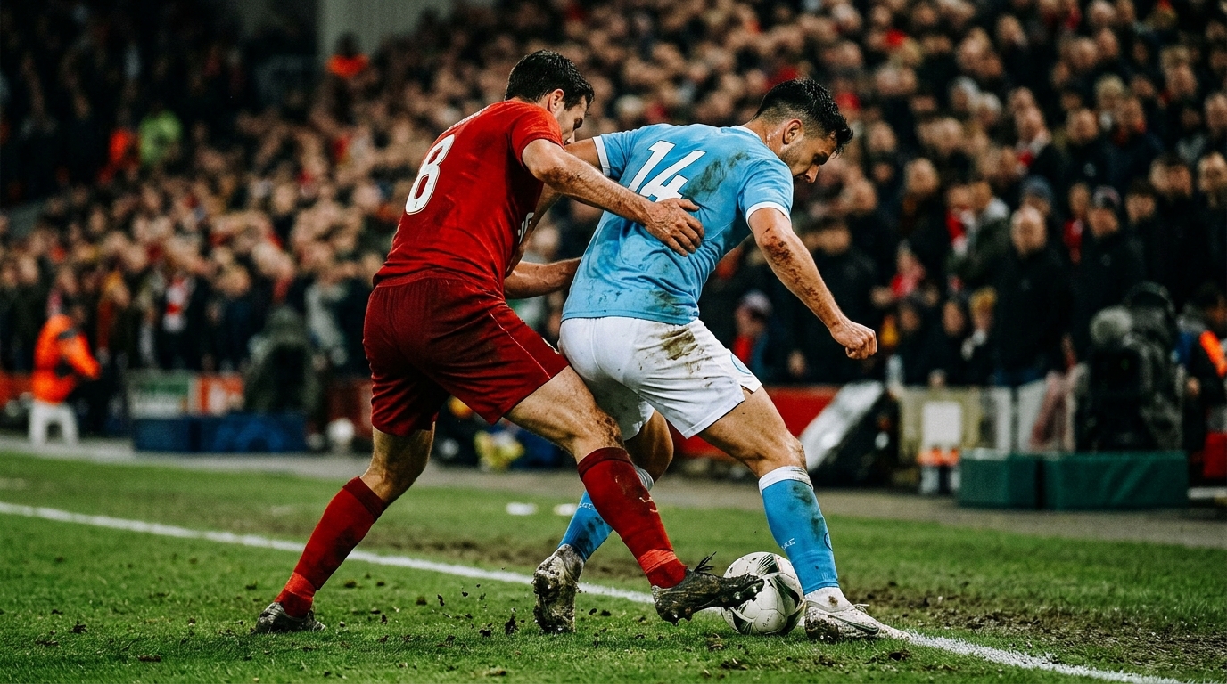 Two football players in red and sky-blue kits challenging for the ball under floodlights