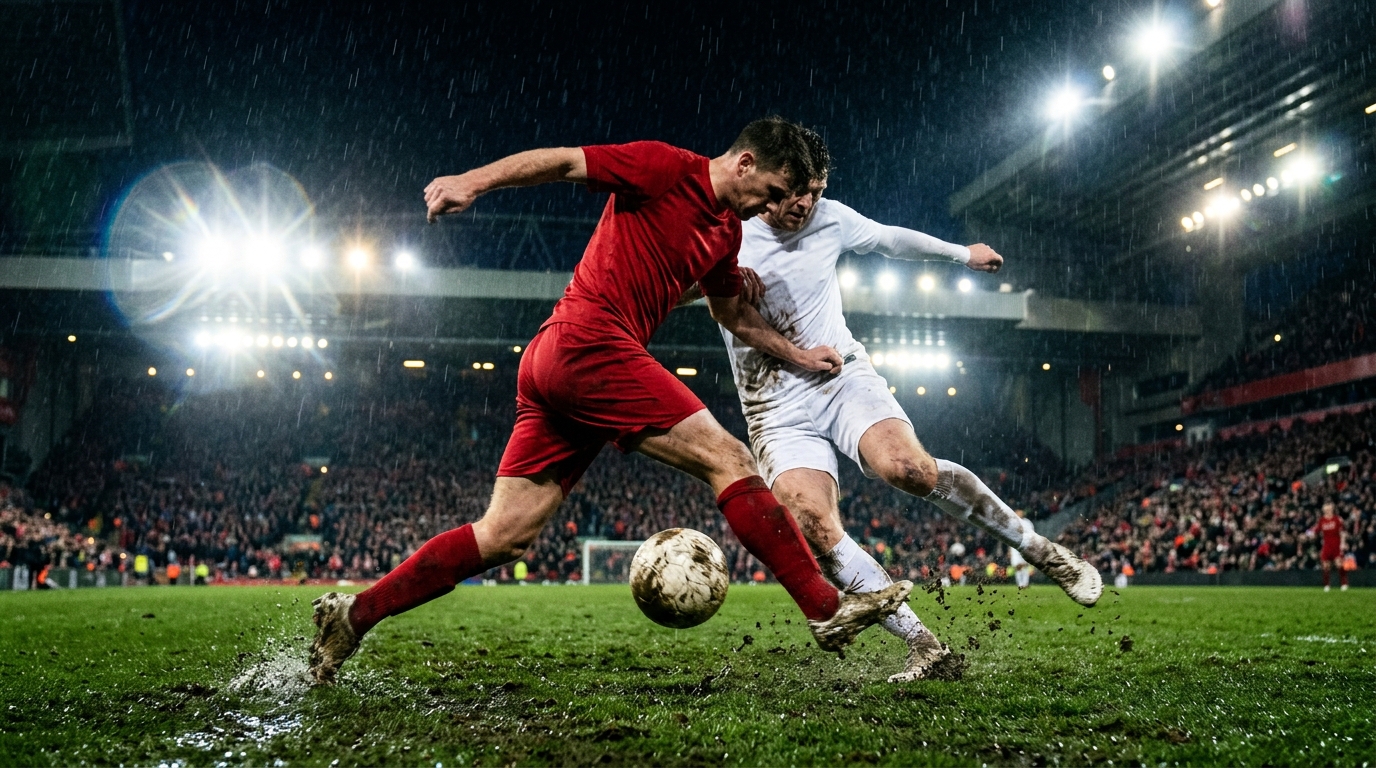 Two anonymous footballers in red and white kits battling for the ball on a wet floodlit pitch