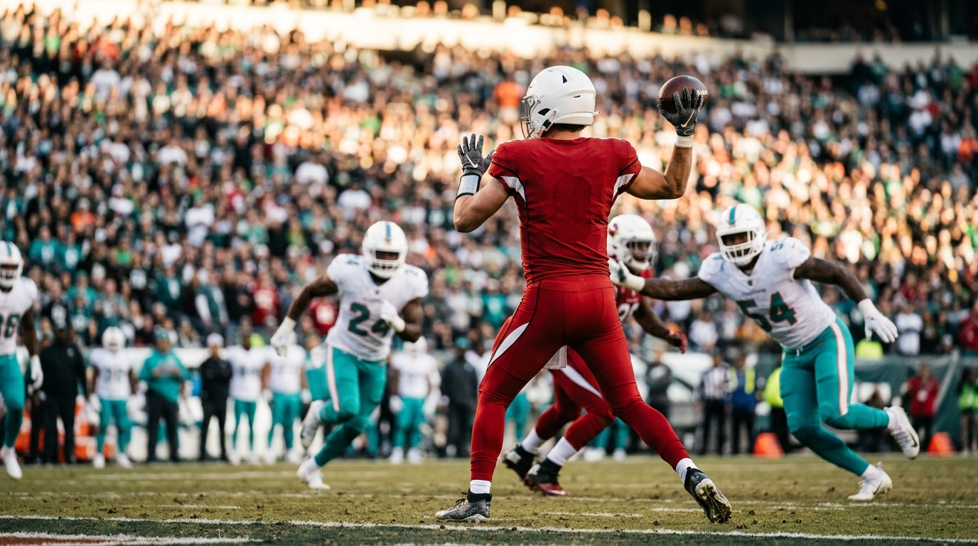 Generic quarterback in red and white preparing to throw under pressure from teal defenders