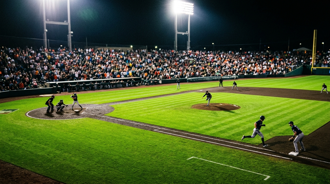 Wide view of a baseball infield at night with a runner leading off first base