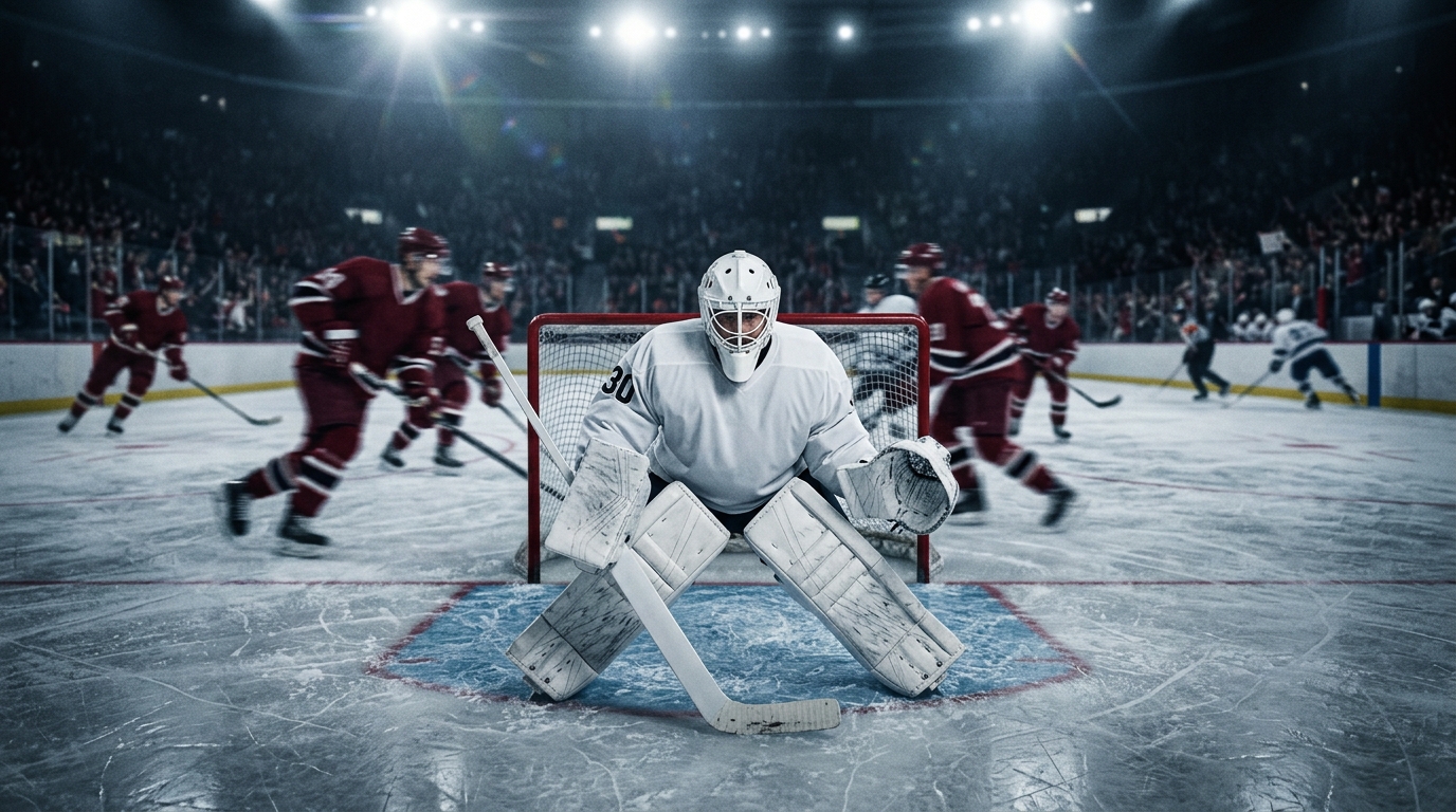 Goaltender in a plain white jersey crouched in the crease under bright arena lights