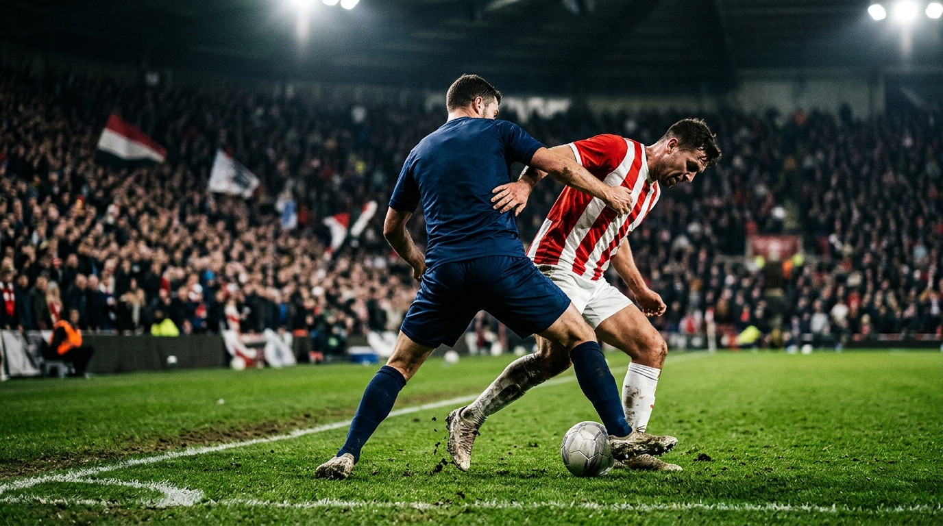 Two footballers competing for the ball near the penalty area under floodlights