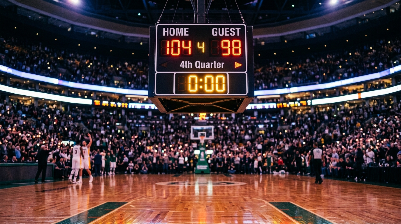 Courtside scoreboard glowing above the baseline during an NBA game