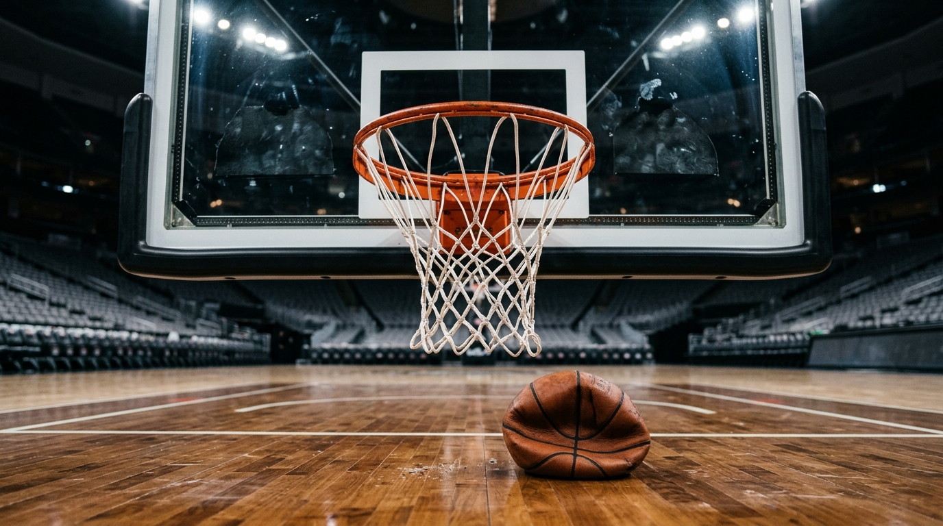 Basketball net and ball on court after NBA game