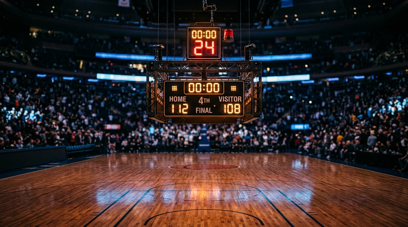 Glowing arena scoreboard above an empty court after the final buzzer