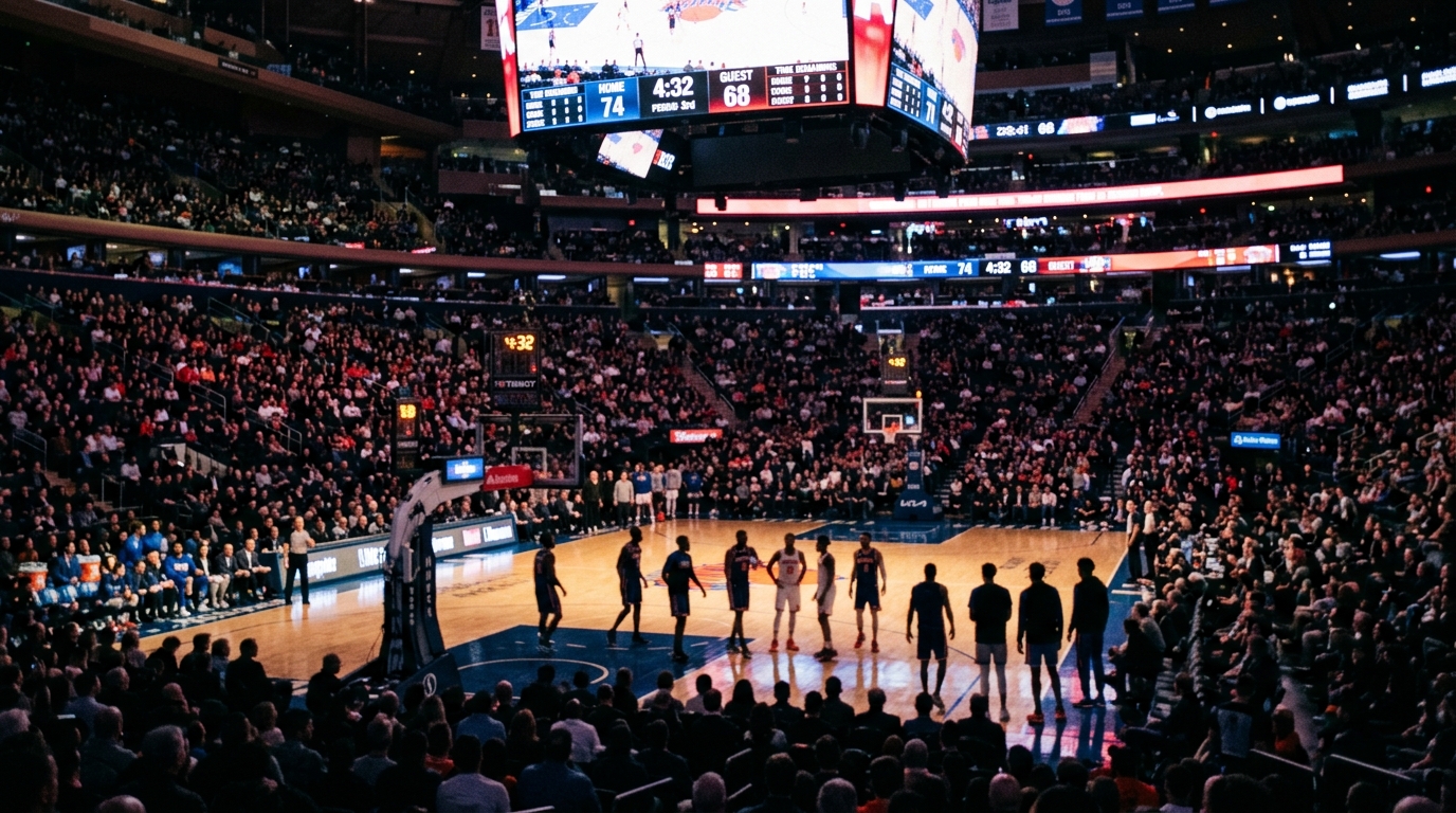 Blurred players and crowd under the glow of an arena scoreboard during an NBA game