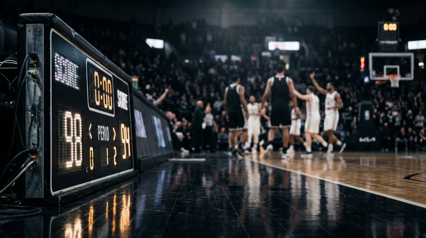 Courtside scoreboard glowing above reflective hardwood at full time
