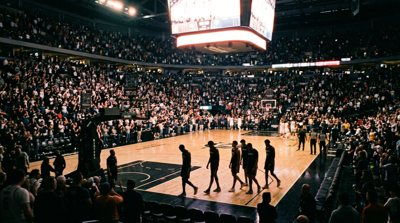 NBA arena at full time with players leaving the court beneath scoreboard glow