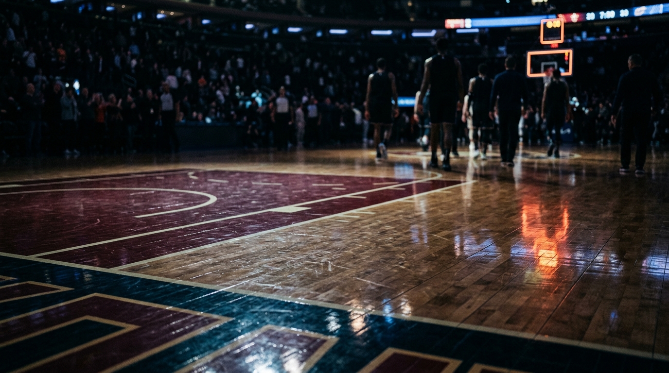 Courtside view of the hardwood at full time with scoreboard light reflecting across the floor