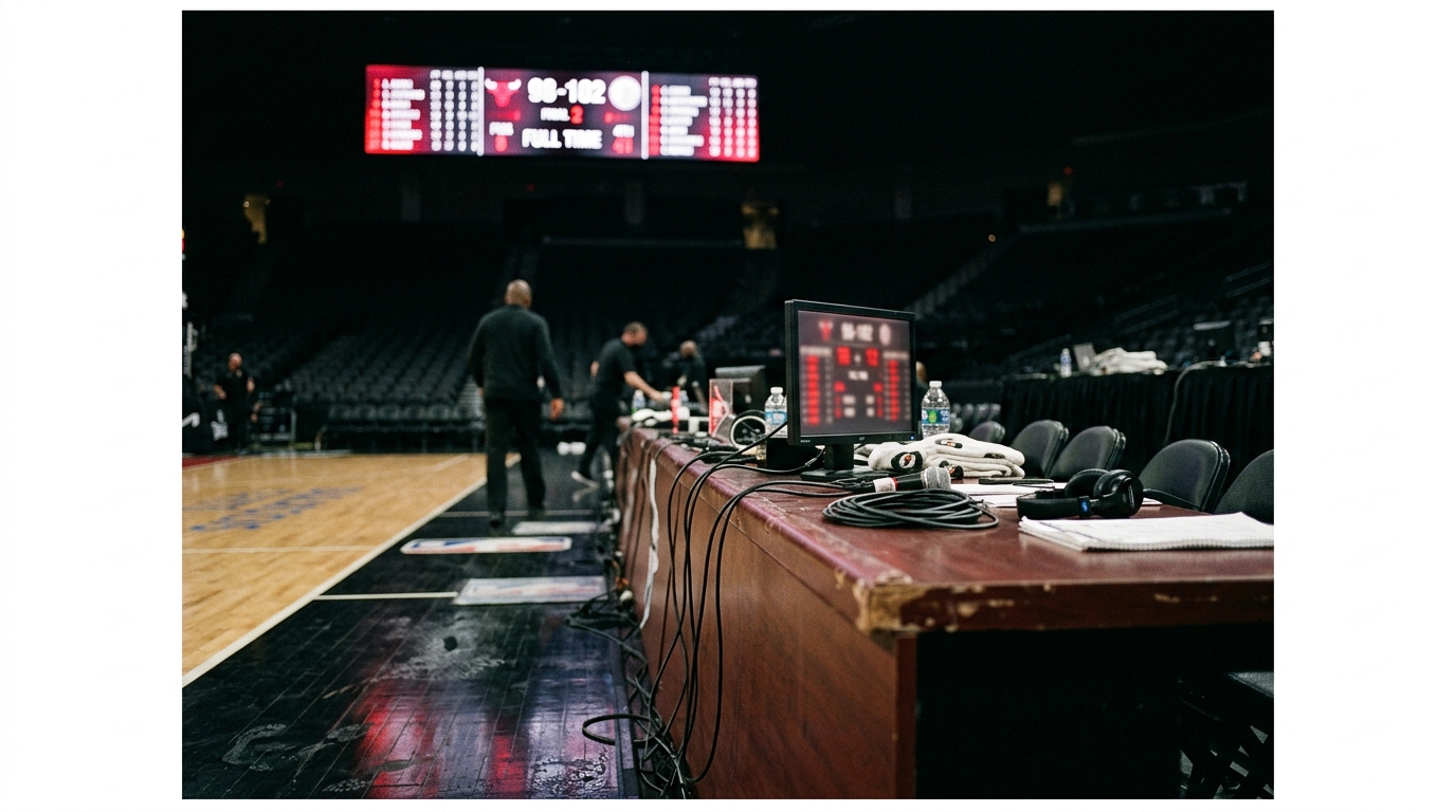 Courtside scorer's table and glowing arena scoreboard after full time at an NBA game