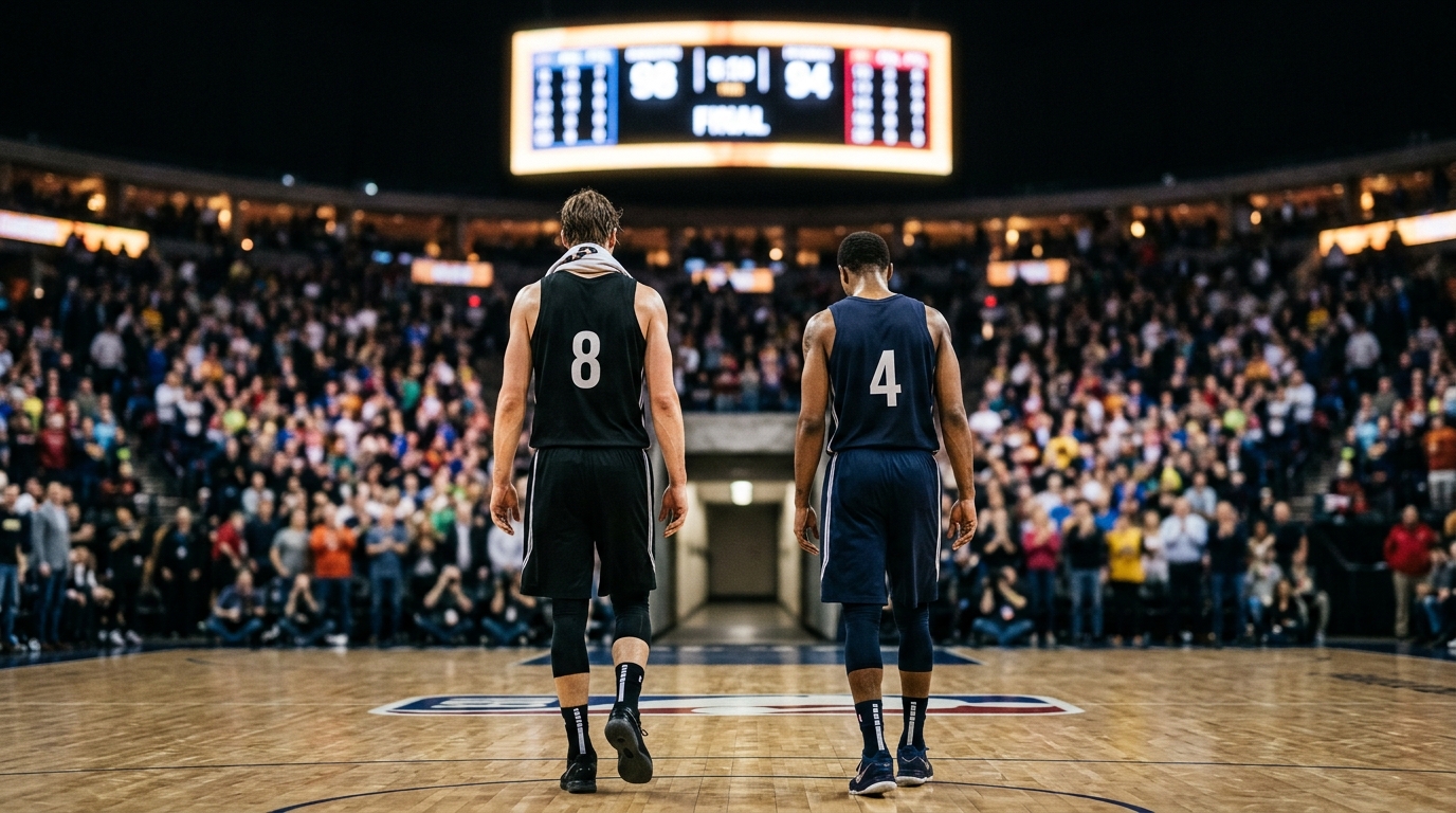 Players leaving the court at full time in an NBA arena