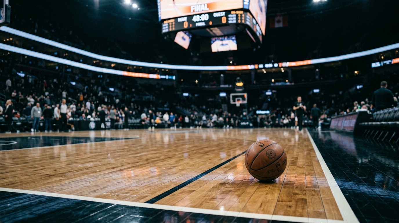 Courtside view of an NBA court at full time with arena lights reflected on the floor