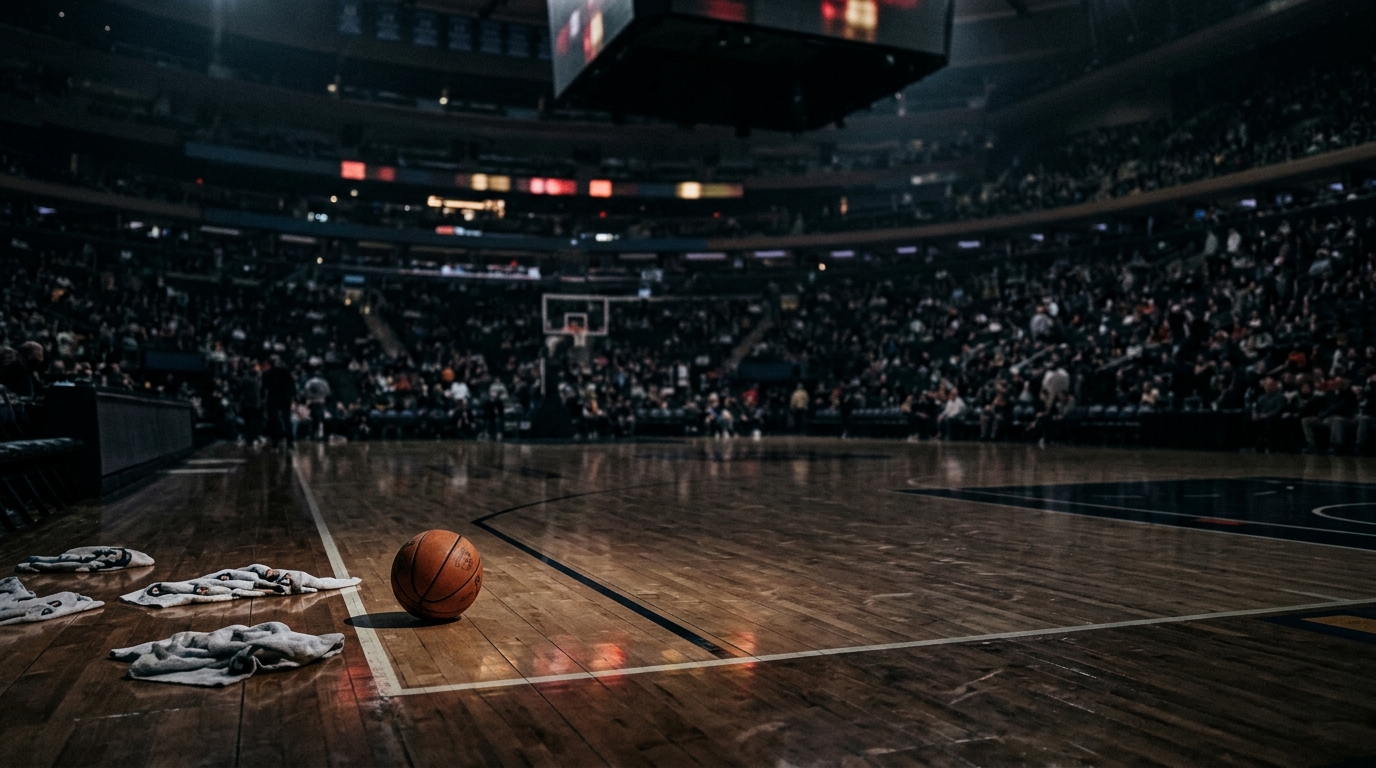 Empty basketball court after the final buzzer with scoreboard glow on the floor