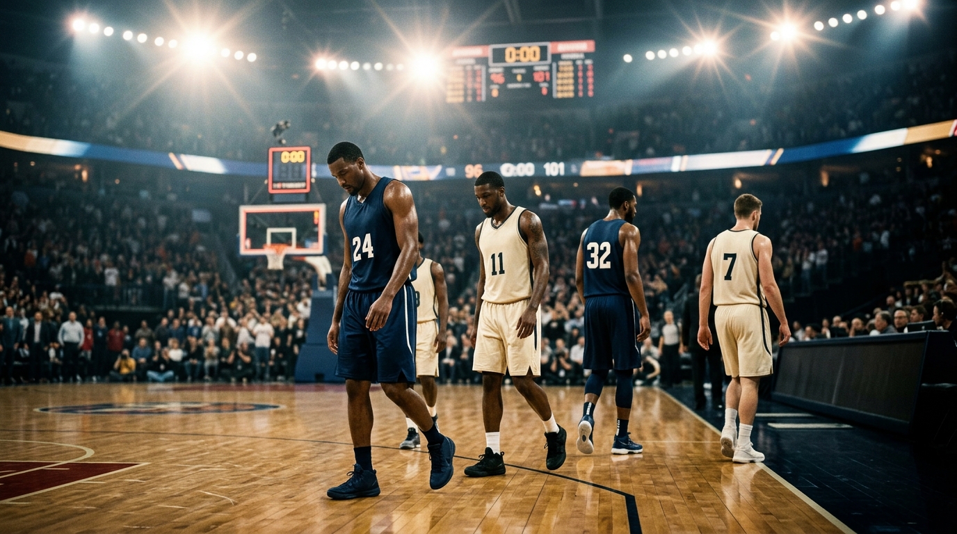 NBA court at the final buzzer with players walking off and scoreboard glowing