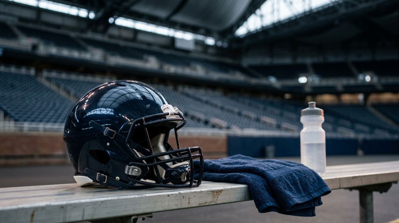 Generic football helmet on a sideline bench under stadium floodlights, with blurred empty seats behind.