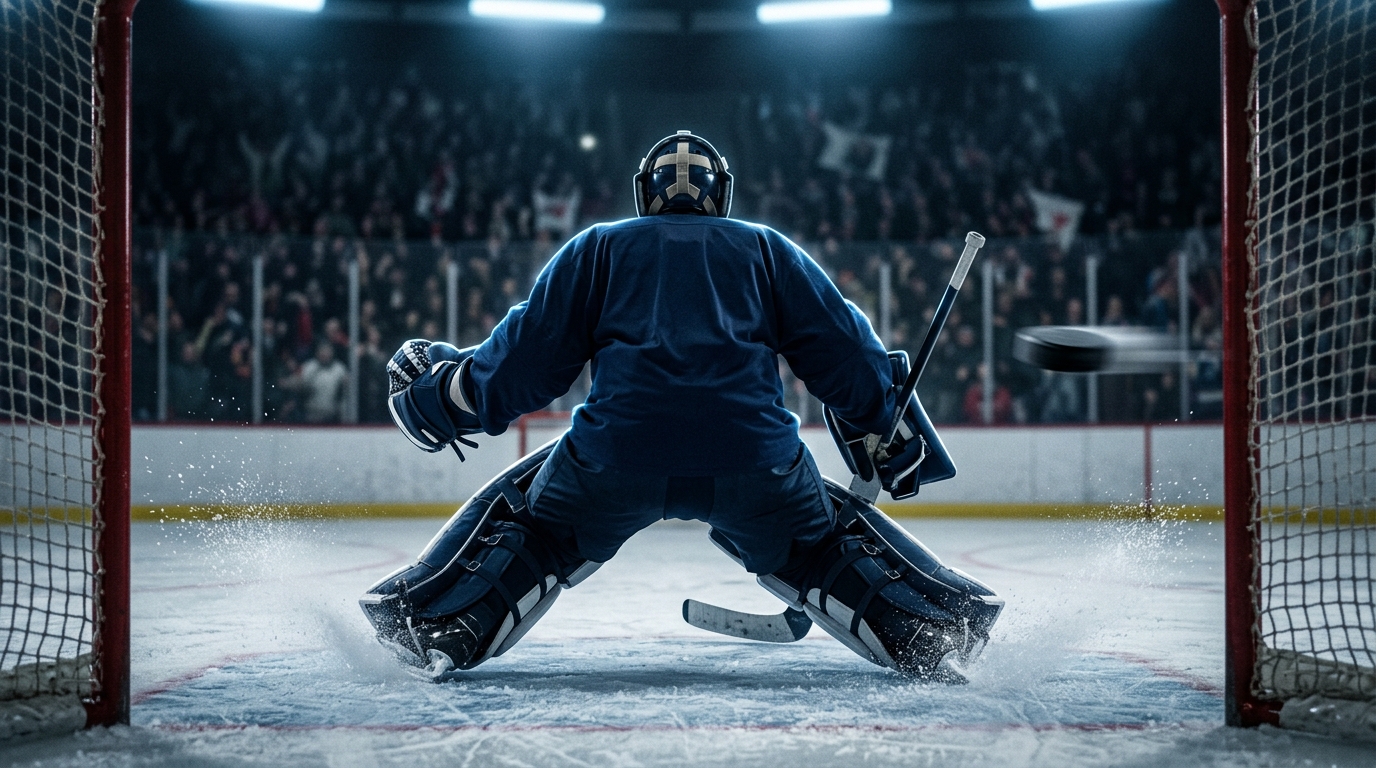 Anonymous goaltender crouched in the crease as a blurred puck streaks toward the net under bright arena lights.
