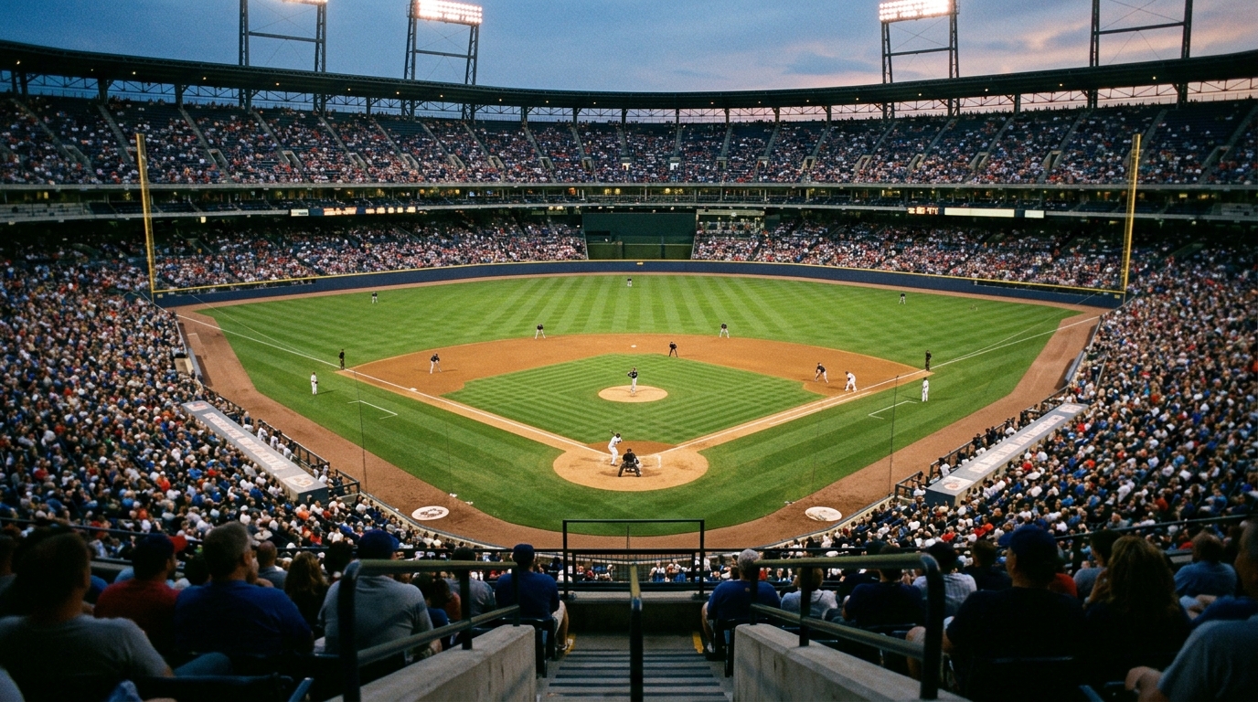Wide twilight view of a baseball stadium from behind home plate with players positioned on the field and blurred crowd in the foreground
