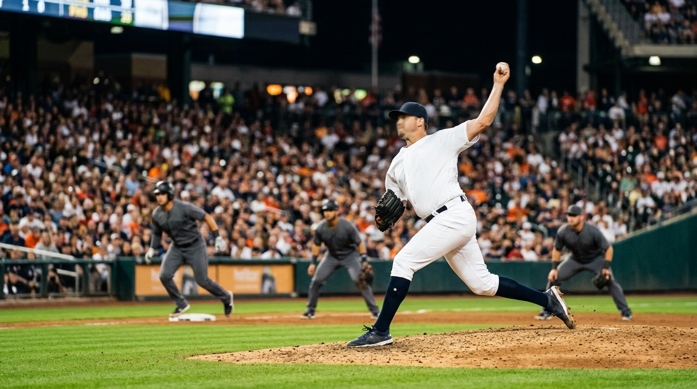 Baseball pitcher mid-delivery on the mound under stadium floodlights with a runner on second base