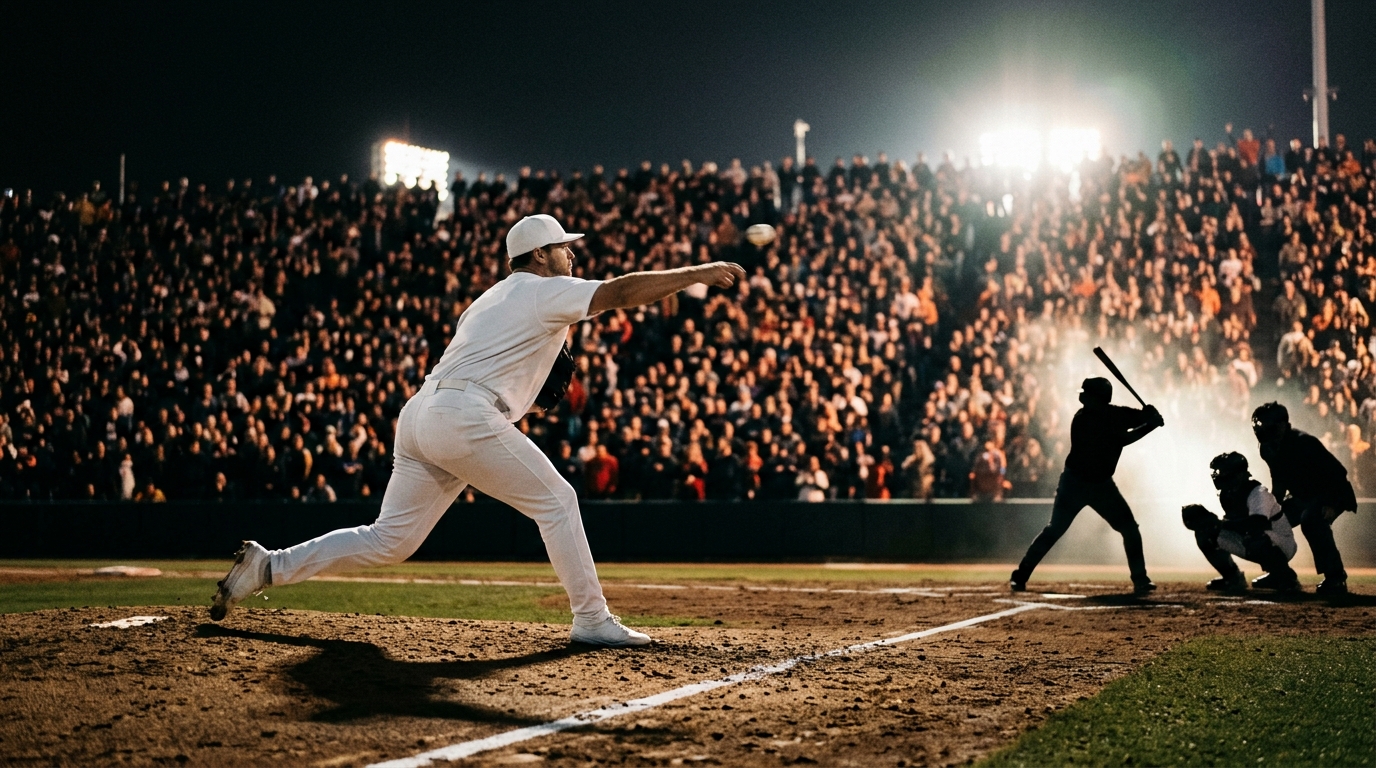 Pitcher mid-delivery during a tense playoff inning under stadium floodlights