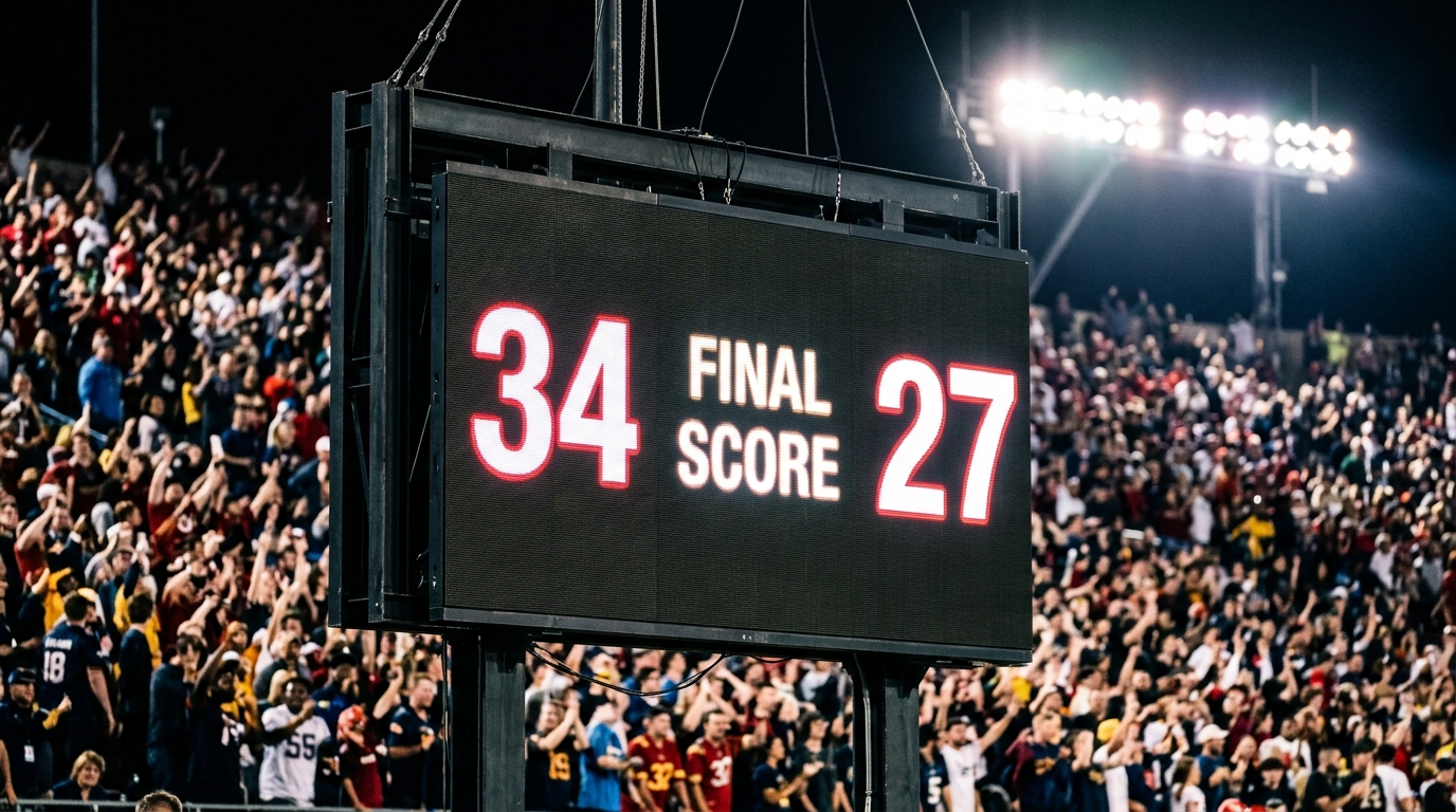 Stadium scoreboard at night showing final score after an NFL game.