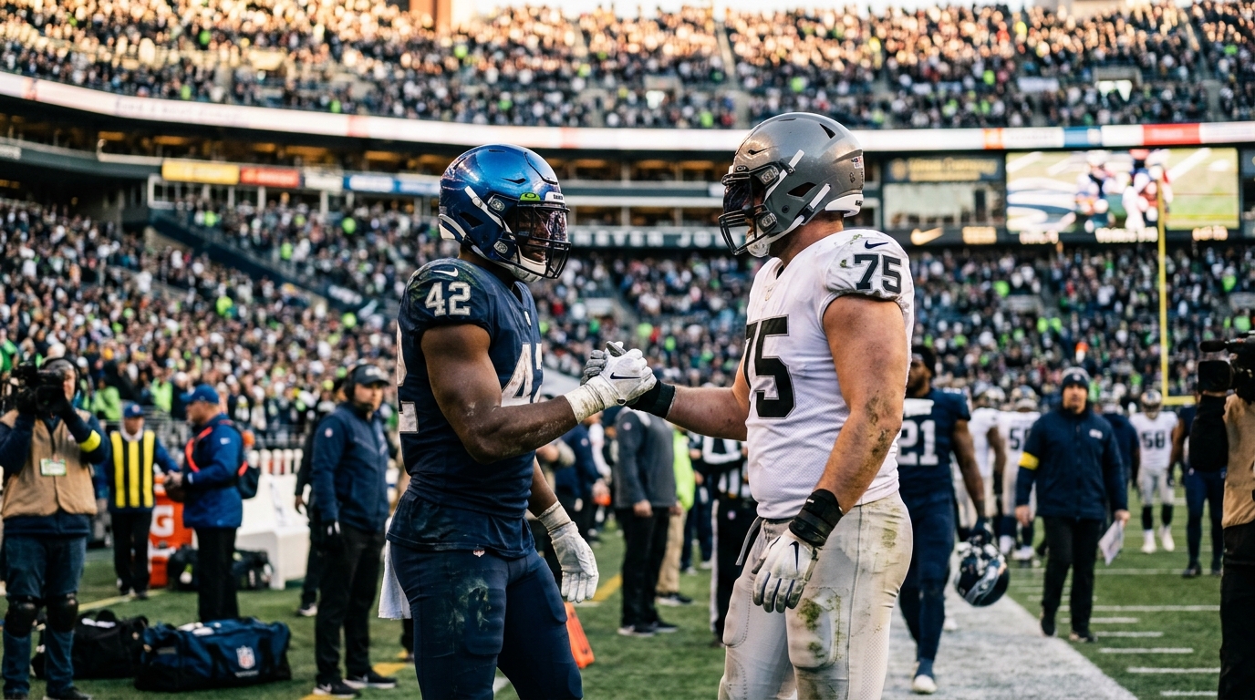 NFL players shaking hands on the sideline after a game