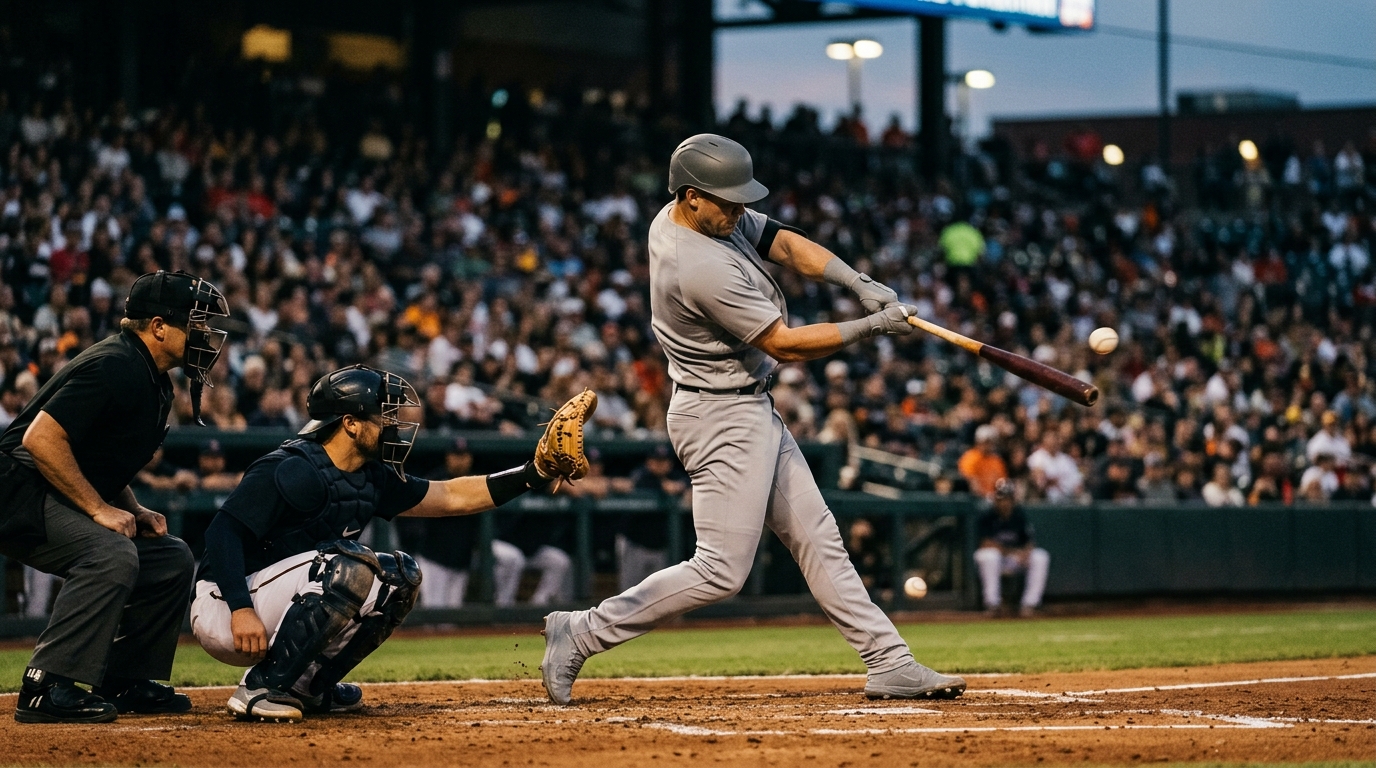 Baseball batter swinging at a pitch with catcher and umpire behind home plate