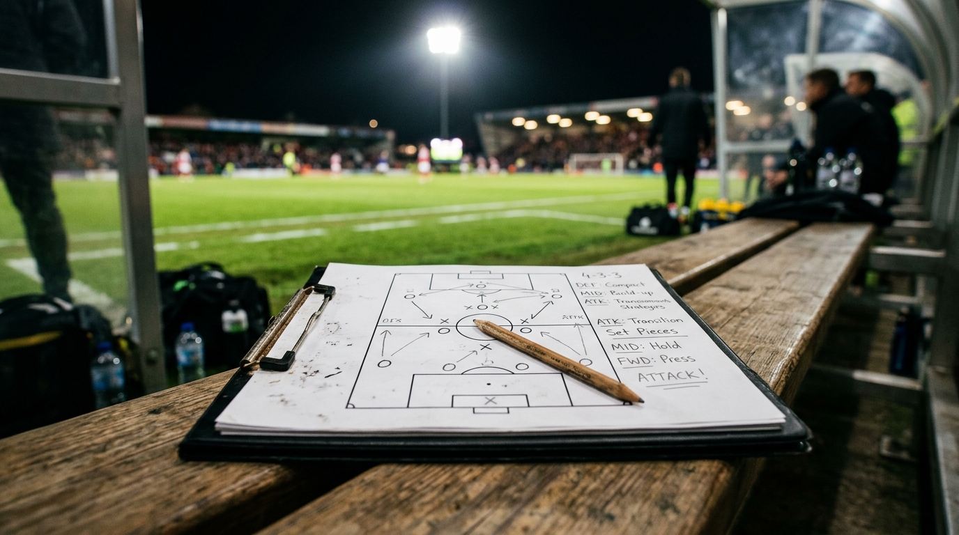 Tactical clipboard on a dugout bench with a formation diagram, pitch blurred in the background.