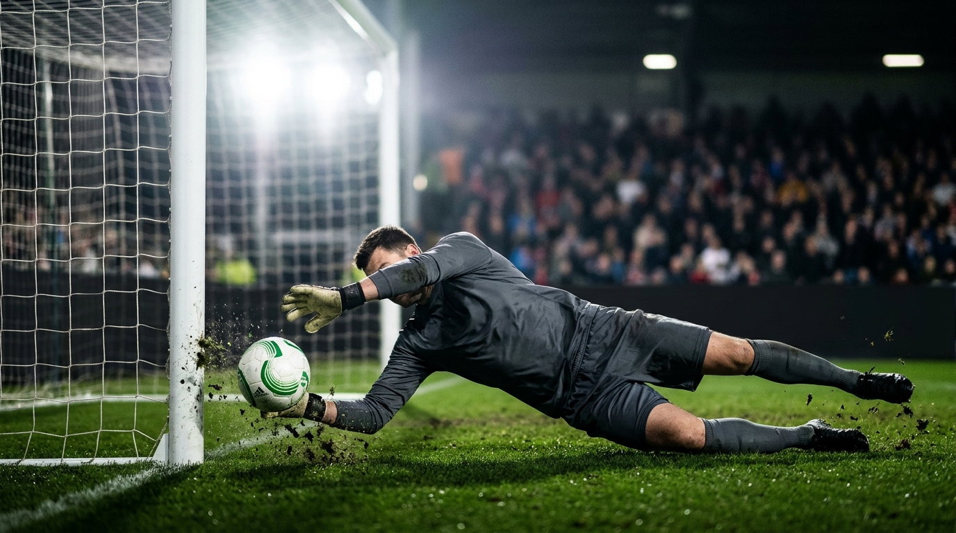Goalkeeper in a plain dark kit diving to save a low shot under floodlights