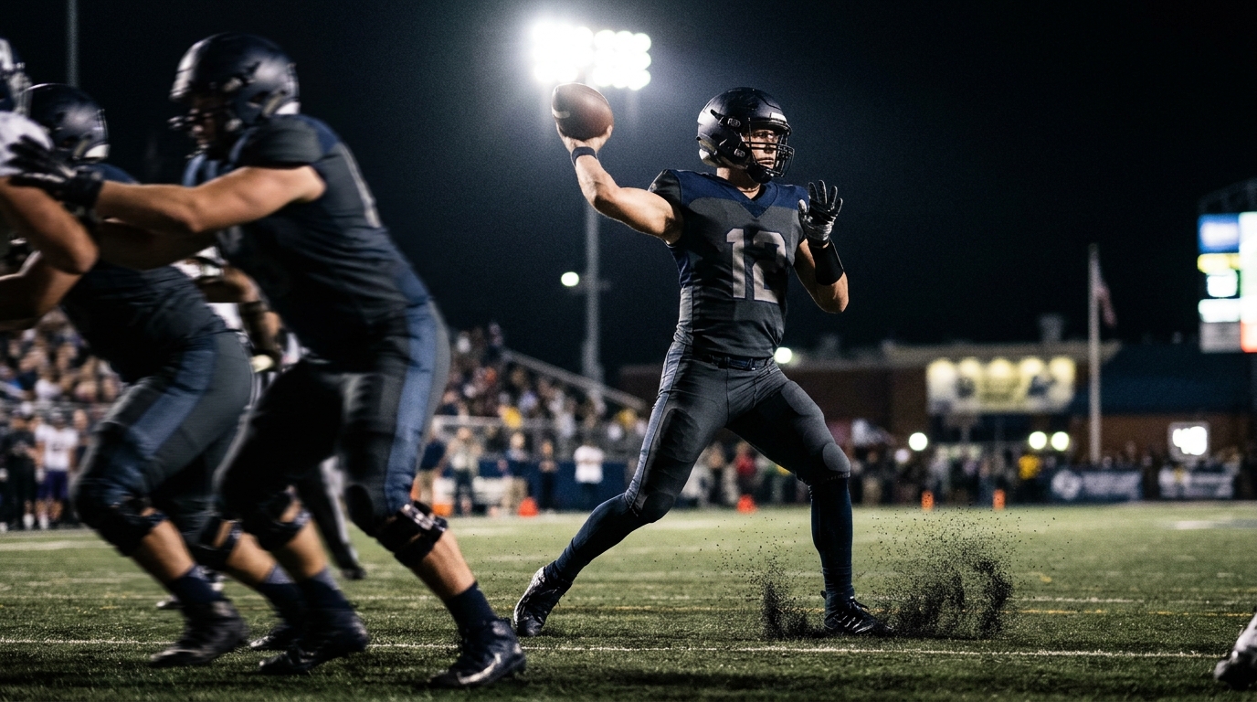 Anonymous quarterback in a dark uniform throwing under stadium floodlights during an NFL night game