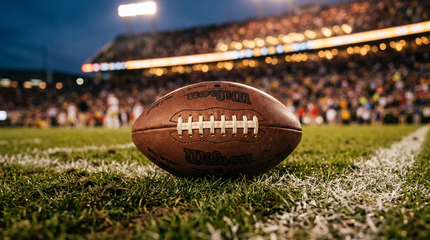 An American football on the sideline grass under stadium lights, with a blurred background of the field.