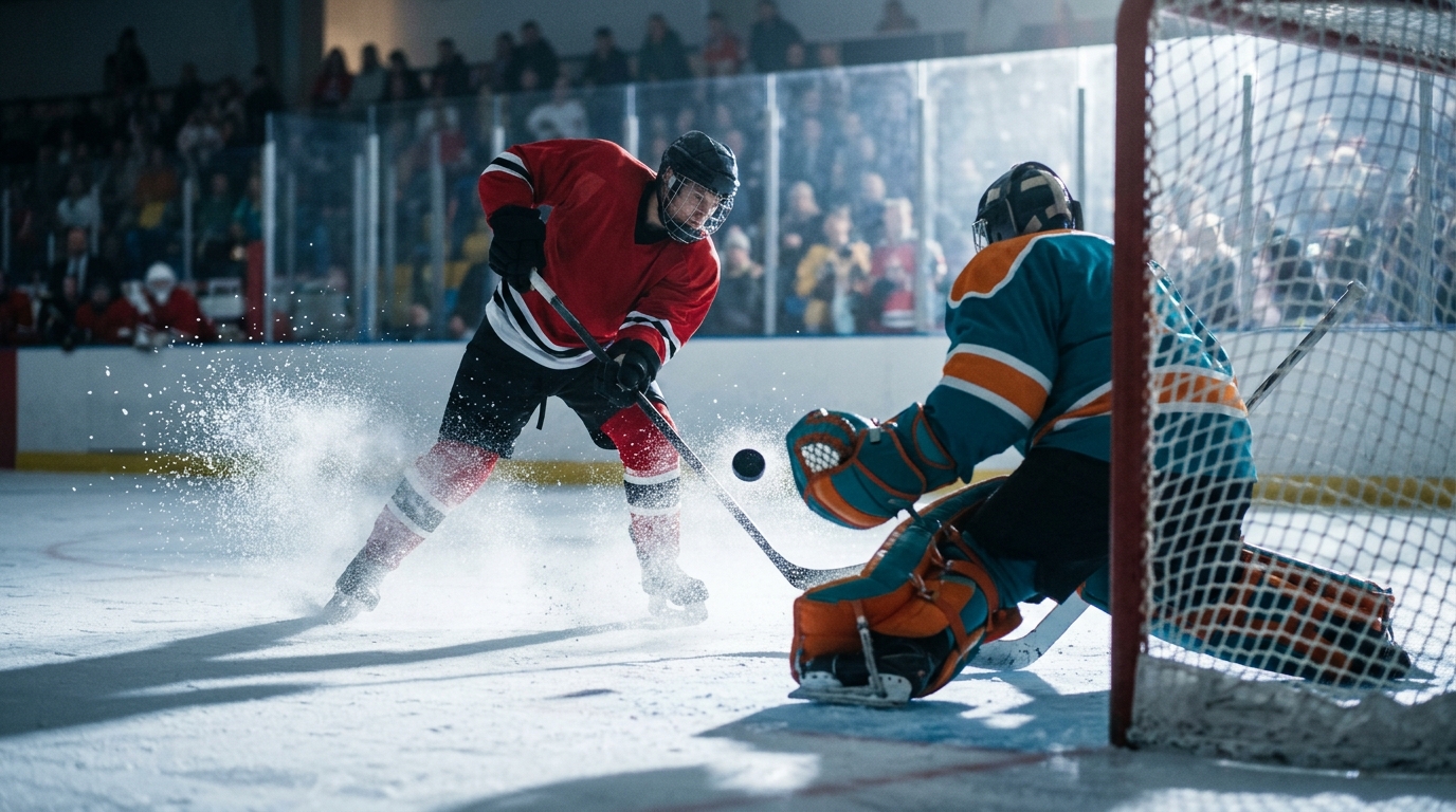 Hockey player winding up for a shot as the goalie drops into a butterfly