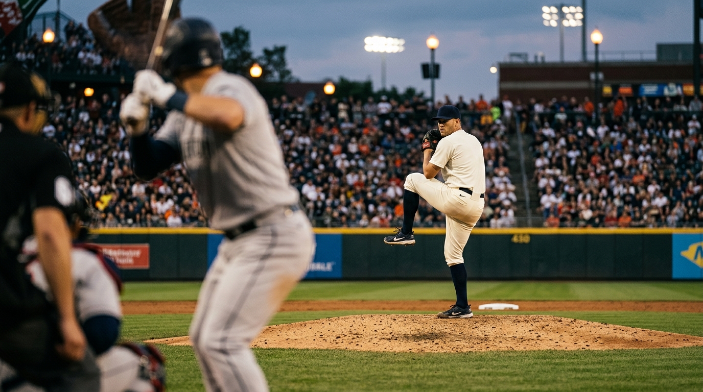 Pitcher mid-windup on the mound under stadium floodlights during an MLB game