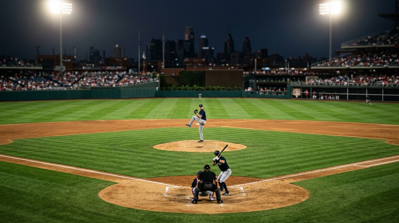 Night baseball game view from behind home plate with pitcher and batter