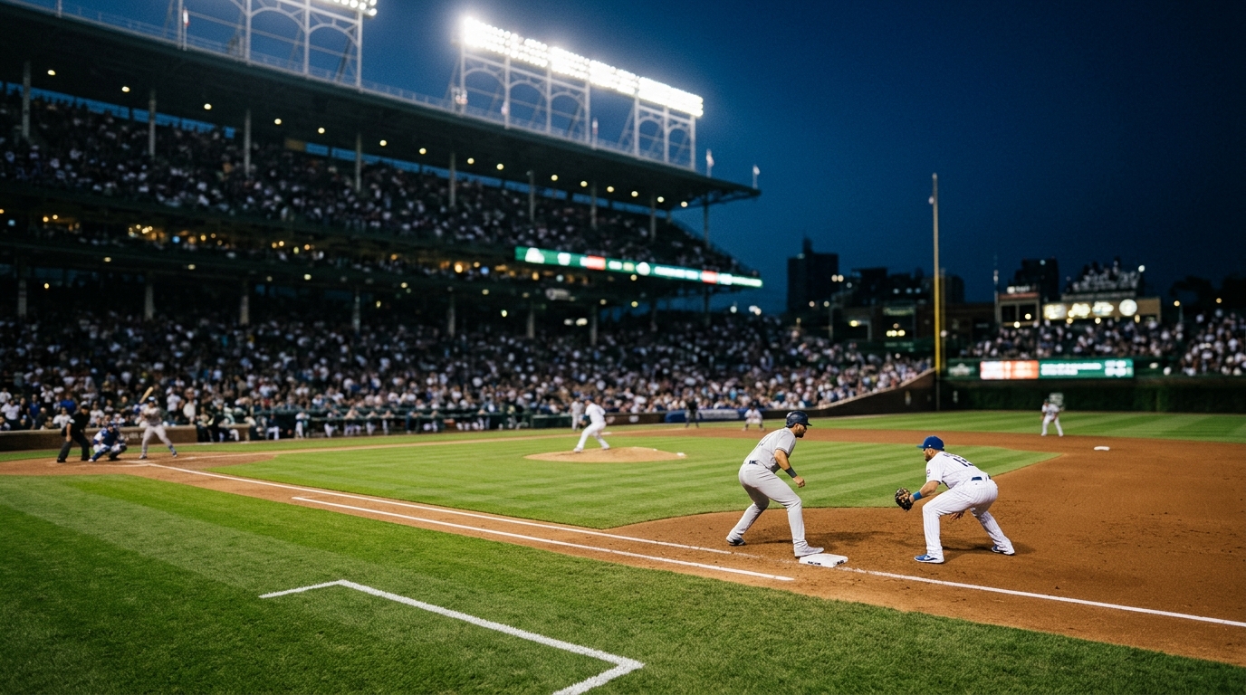 Wide night view of a baseball infield with a runner leading off first base under floodlights