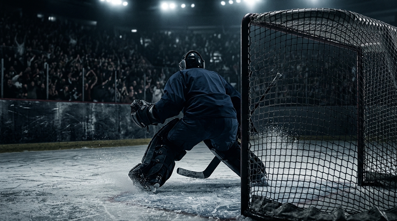 Generic goaltender crouched in the crease during a night hockey game under bright arena lights.