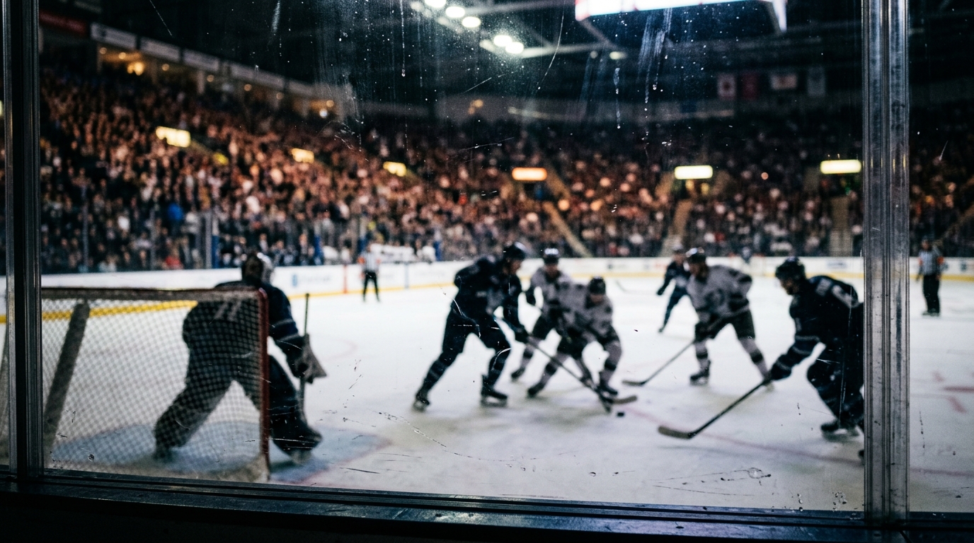 Packed hockey arena at night seen from behind the glass with anonymous players on the ice