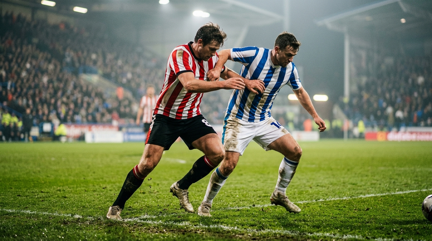 Two generic football players in striped kits jostling for position under floodlights