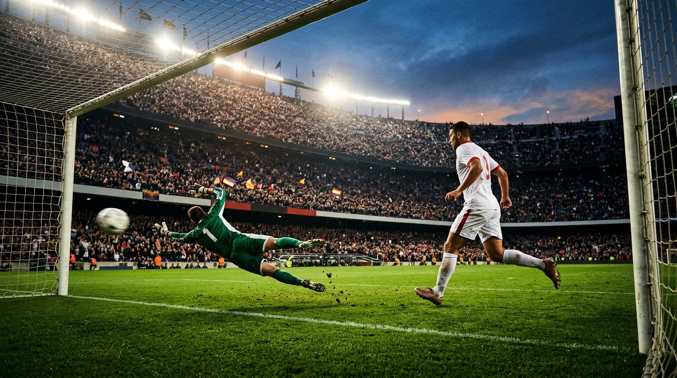 A striker in white and red runs towards goal as a goalkeeper in green and white dives to save under stadium floodlights.