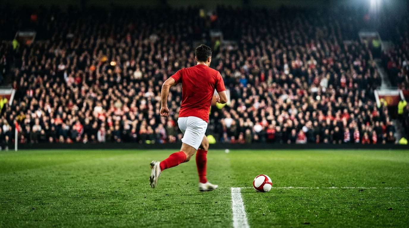 Footballer in a plain red and white kit running onto the ball near the penalty area under floodlights