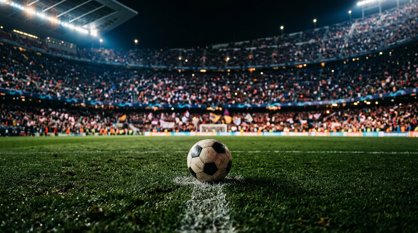 Football on the penalty spot under floodlights in a packed stadium