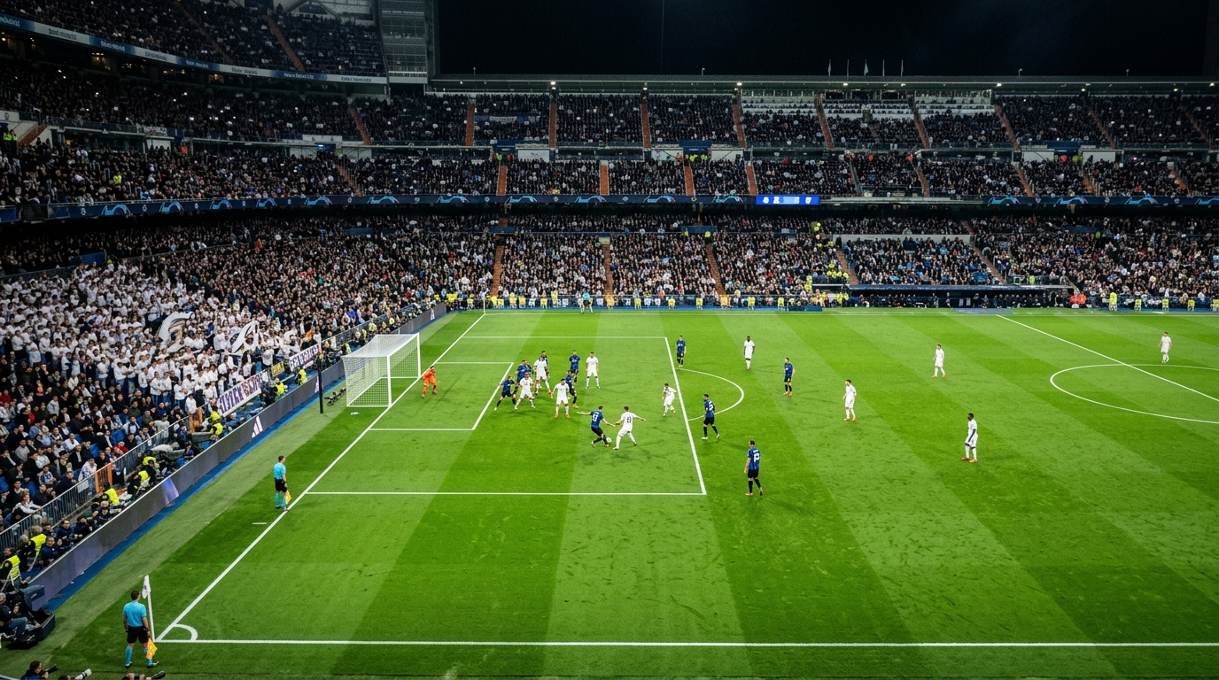 Aerial view of Real Madrid vs Inter Champions League match at the Bernabéu