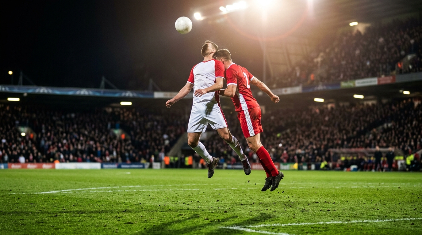 Two footballers in generic kits challenging for a header under floodlights