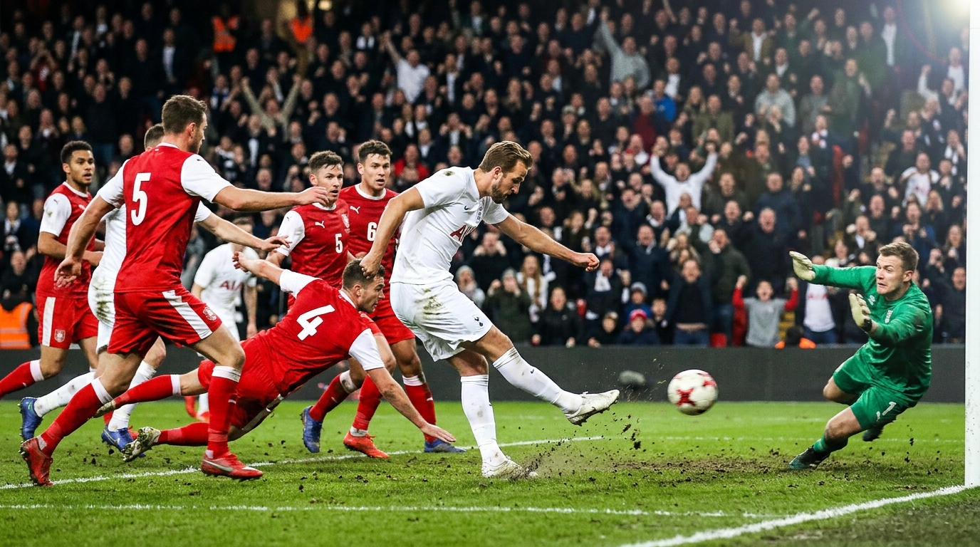 A striker in white shooting at goal under floodlights as defenders in red and white close in