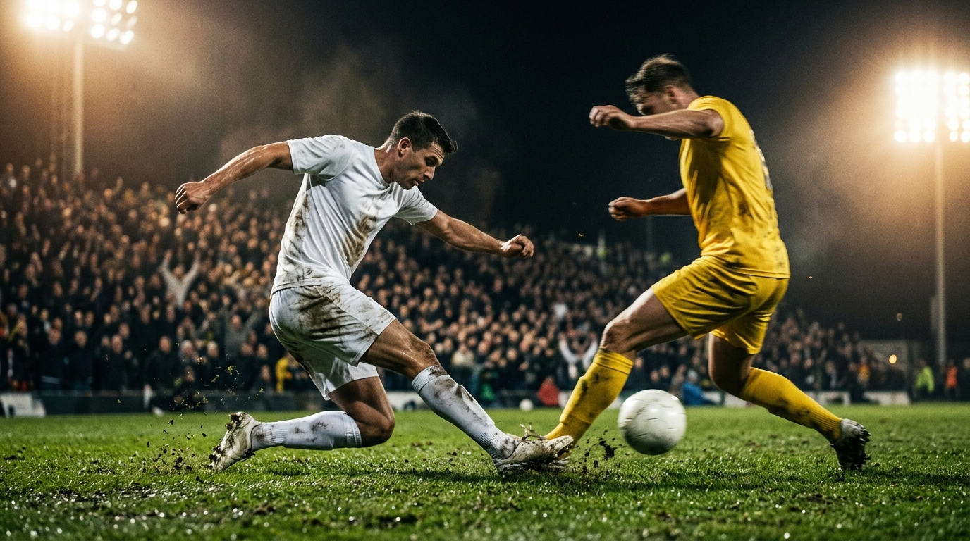 Two anonymous footballers competing for the ball under floodlights