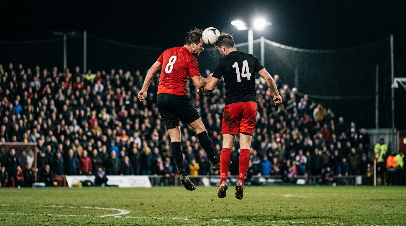 Two football players competing for a header under floodlights