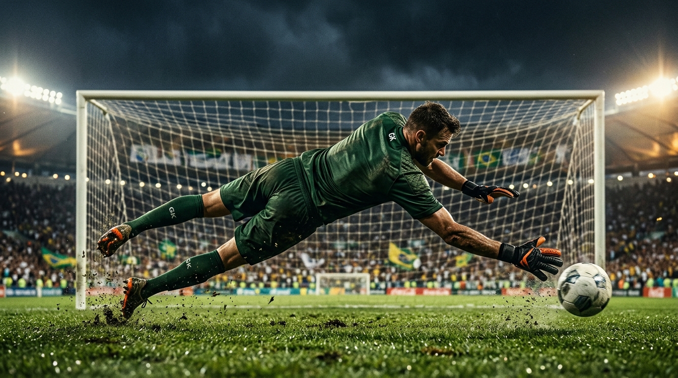 Goalkeeper diving to save a low shot under floodlights