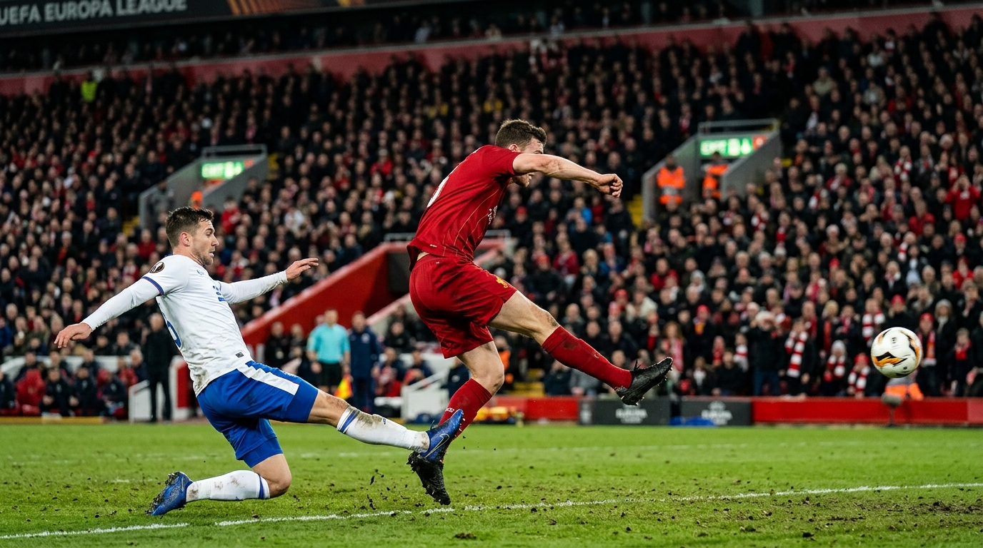 Football player in red shooting at goal as a defender in white and blue attempts to block during a floodlit match